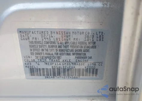 2016 Nissan Sentra Fe+ S/S/Sl/Sr/Sv from USA, damaged, VIN 3N1AB7AP4GY241887